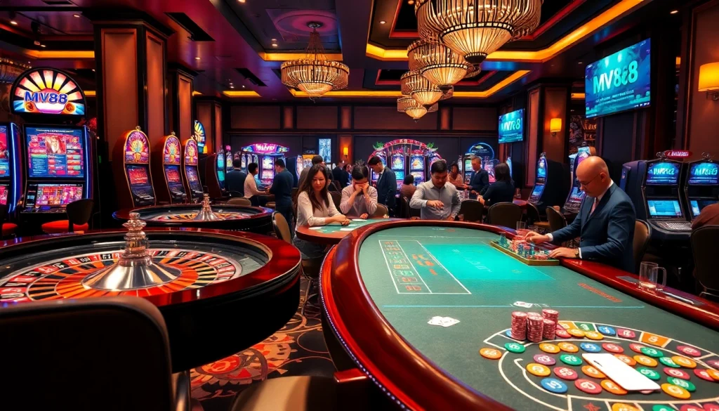 Experience the thrill of mv88 at a luxurious casino with roulette wheels and vibrant slot machines.