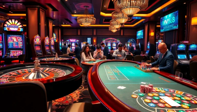 Experience the thrill of mv88 at a luxurious casino with roulette wheels and vibrant slot machines.