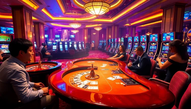Luxurious casino scene featuring 8KBET with poker tables, roulette wheels, and vibrant slot machines.