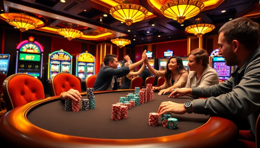 Players enjoying high-stakes poker at a casino table with b52-themed chips and a roulette wheel.