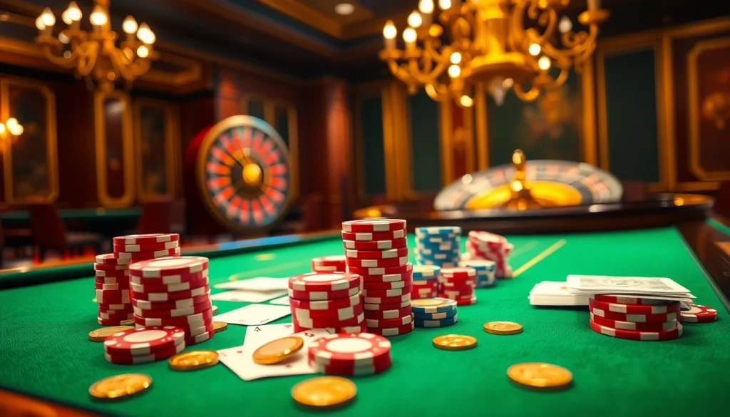 Gambling excitement at https://lode88uk.com/ with poker chips and roulette wheel in a luxurious casino setting.