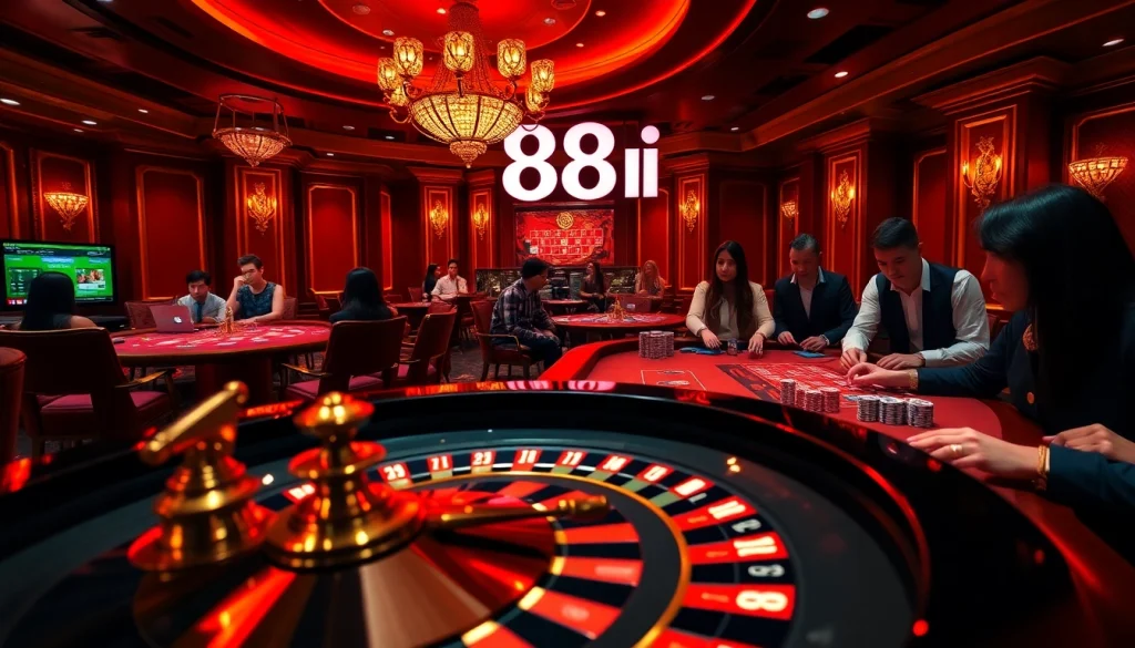 Action-packed gambling scene at 88i casino with poker chips and a roulette wheel.