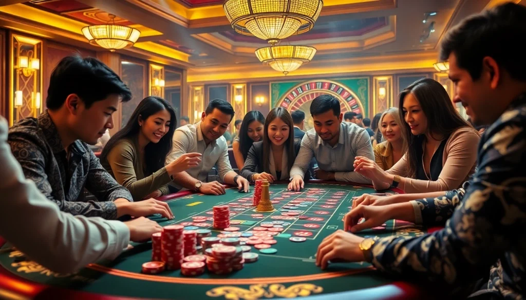 Players engaging in game bài at a vibrant casino table with colorful chips and cards.
