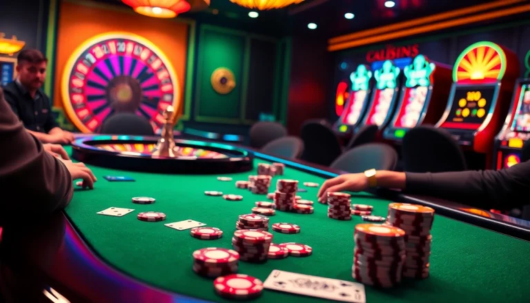 Experience the thrill of high-stakes poker at Nhà cái KK55 in a vibrant casino scene with players and flashing lights.