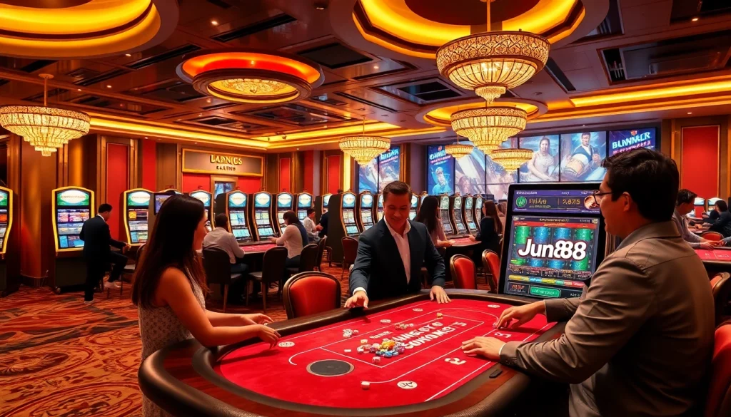 Players enjoying the thrilling experiences at Jun888 casino with vibrant games and luxurious ambiance.