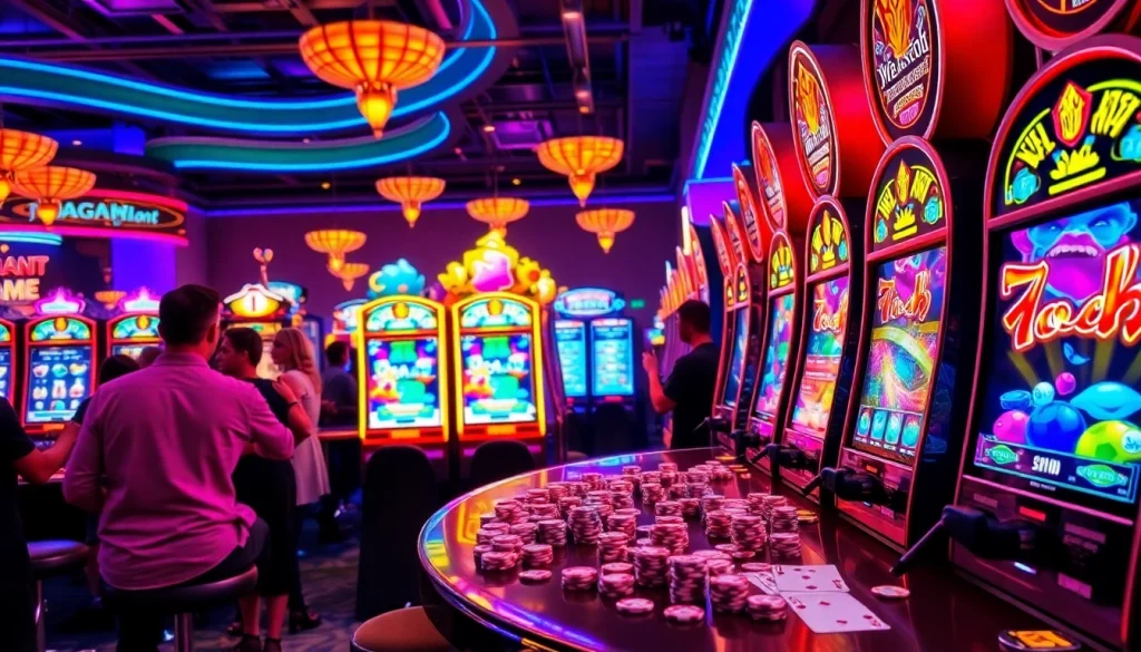 Experience the thrill of nổ hũ at vibrant slot machines in an exciting casino scene.
