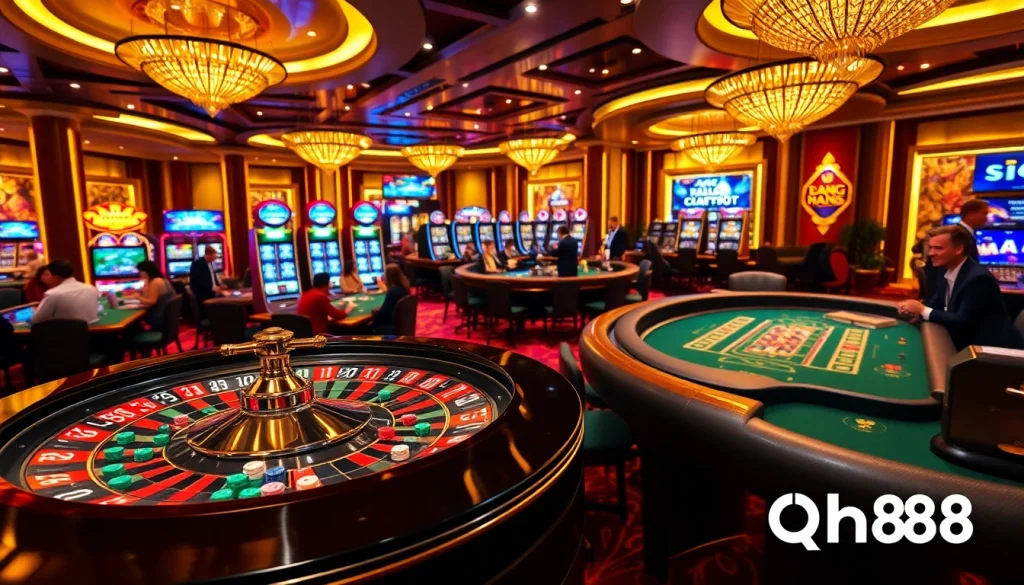 Experience the thrill of qh88 at an upscale casino with vibrant gaming tables and exciting action.
