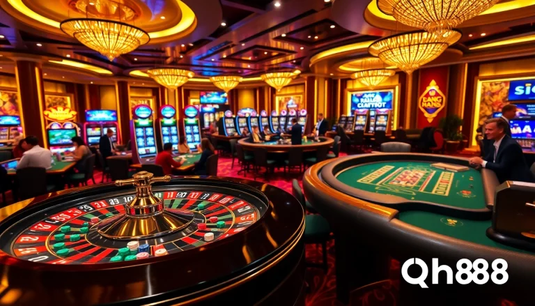 Experience the thrill of qh88 at an upscale casino with vibrant gaming tables and exciting action.