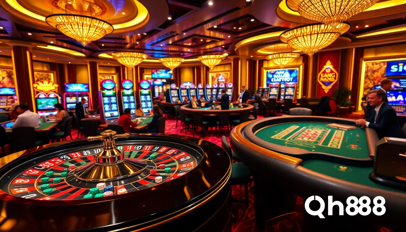 Experience the thrill of qh88 at an upscale casino with vibrant gaming tables and exciting action.