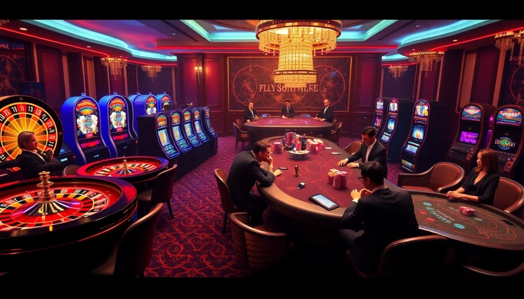 Experience thrilling gaming action at FLY88 with vibrant slot machines and poker tables.