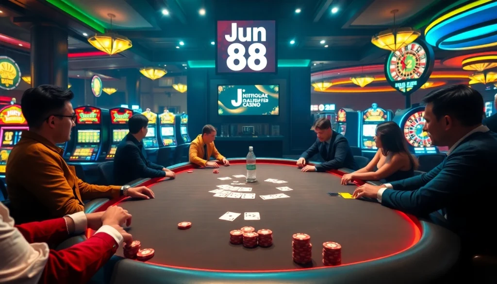 Players enjoying a high-stakes poker game at Jun 88 casino, bright lights and cards in action.