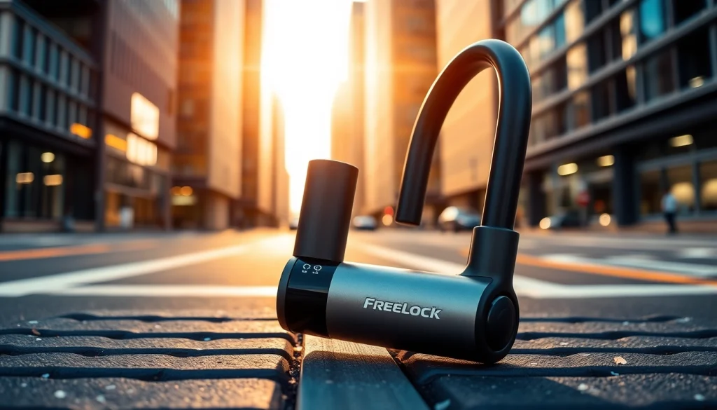 Freelock Fahrradschloss präsentiert im städtischen Umfeld mit robustem Design.