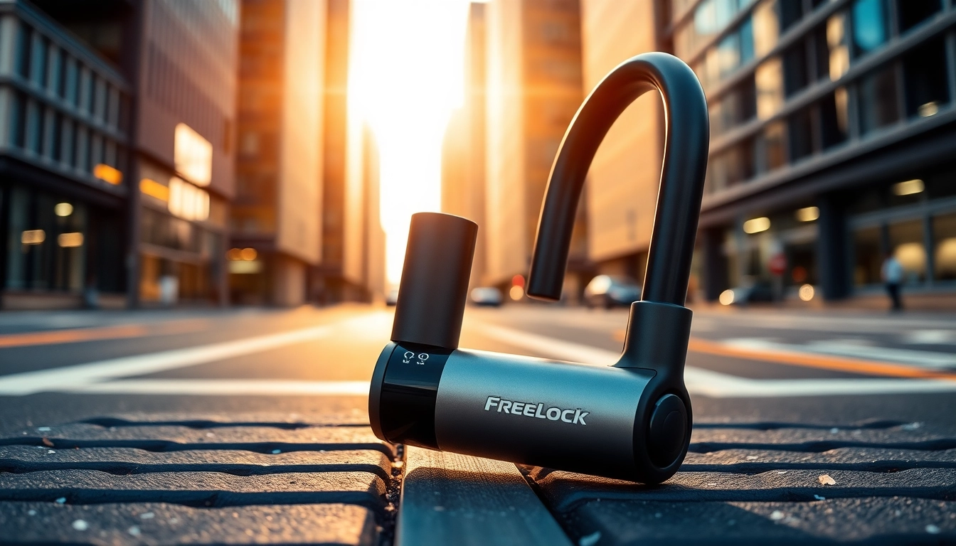 Freelock Fahrradschloss präsentiert im städtischen Umfeld mit robustem Design.