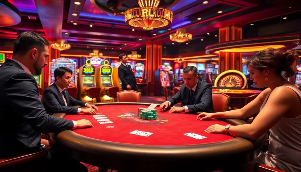 Players enjoy a luxurious poker game at 8day's vibrant casino, featuring colorful chips and illuminated slot machines.