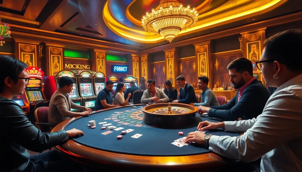 Players enjoying an exciting game at F88BET's luxurious casino table surrounded by vibrant visuals.