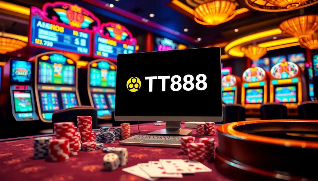 TT88 branded casino experience with poker chips and slot machines inviting players to engage.