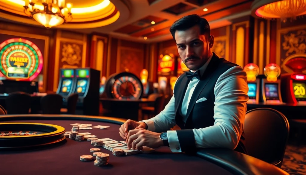 Engaging gambler using ChatGPT Scanner amidst vibrant casino atmosphere.