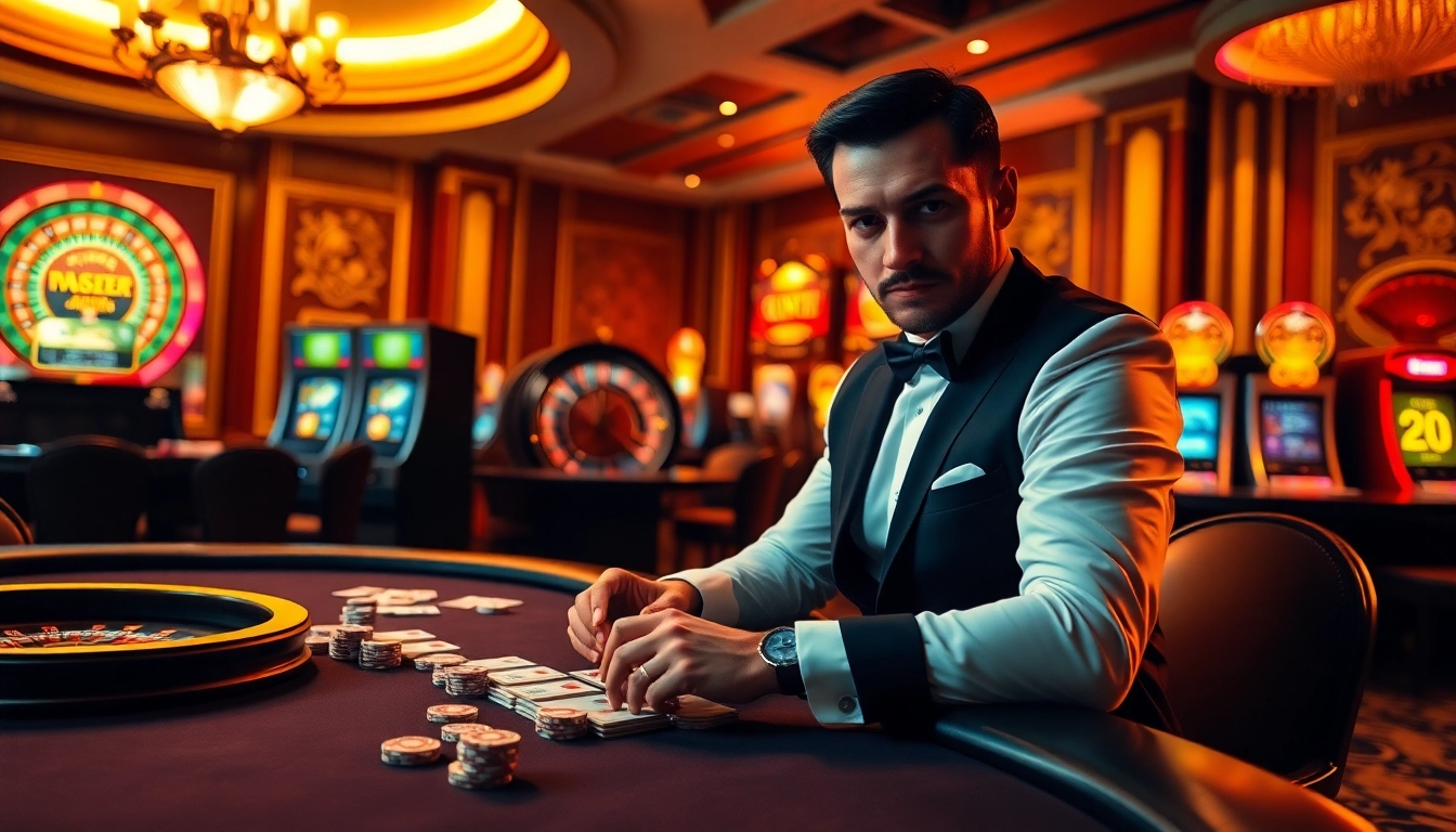Engaging gambler using ChatGPT Scanner amidst vibrant casino atmosphere.