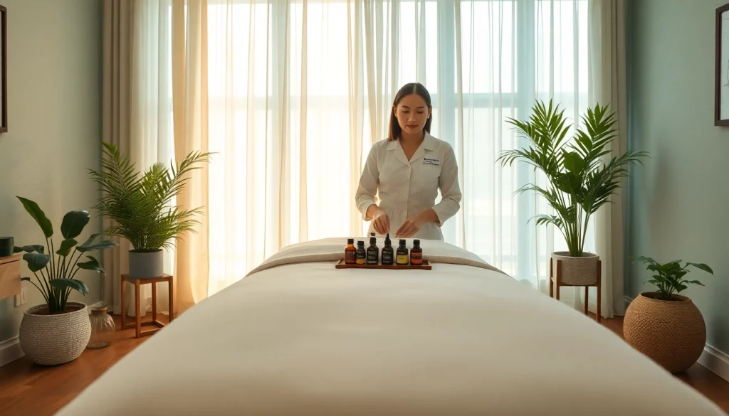 전문 치료사가 이완 오일을 준비하는 평화로운 가정 환경에서 오산출장마사지 체험.