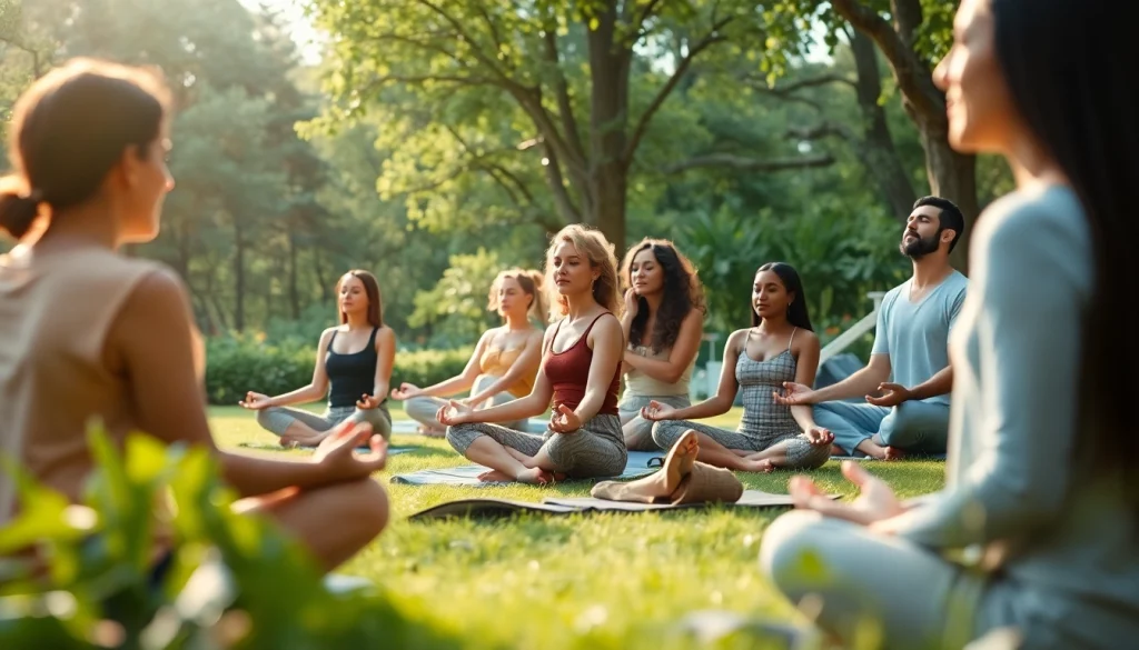 Individuals practicing mindfulness for emotional wellbeing in a lush, green setting.