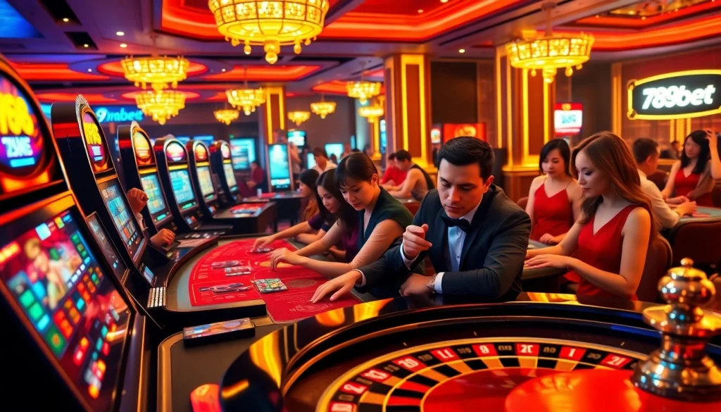 Players enjoying the thrill of 789bet in a luxurious casino setting, with vibrant tables and slot machines.