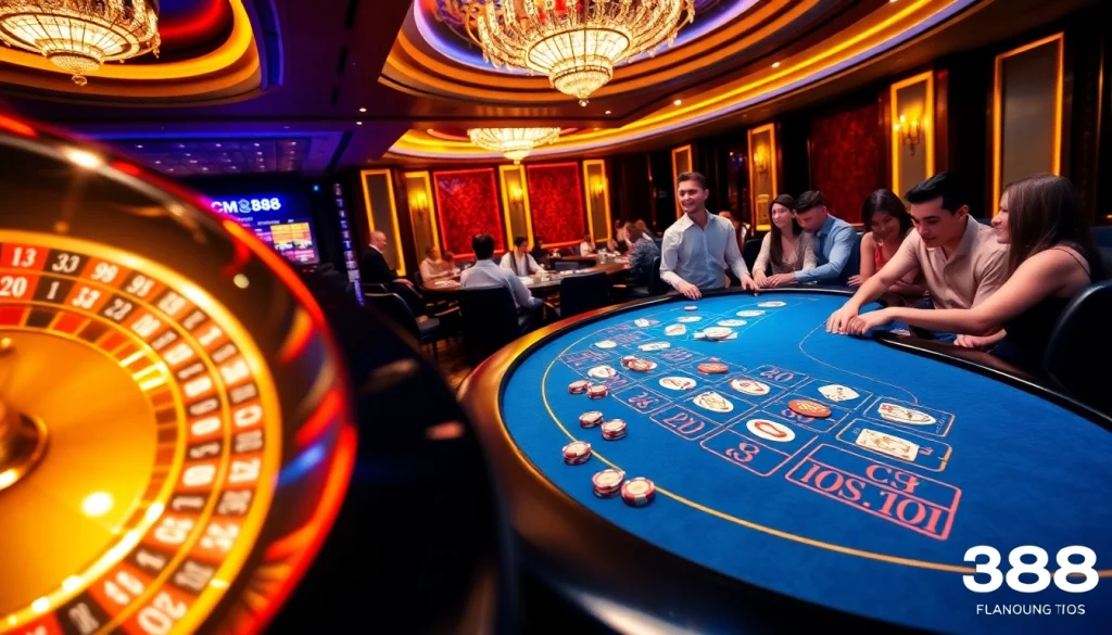 Experience the thrill of gaming at CM88 with luxury poker tables and vibrant chips.