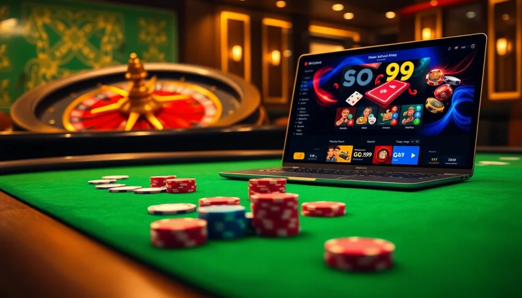 A captivating gambling scene featuring the Go99 online interface with poker chips and cards on a luxury casino table.