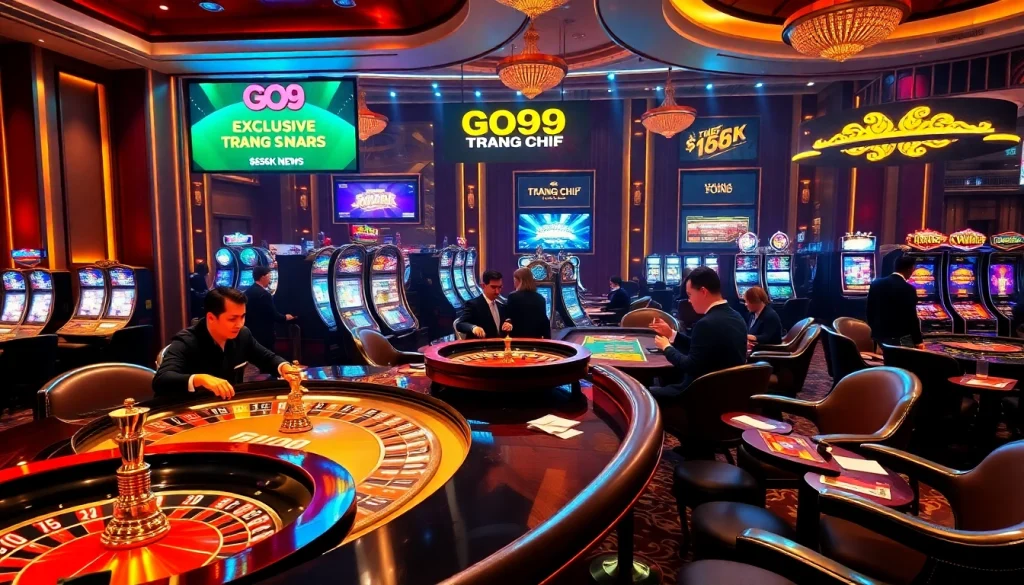 Experience the excitement of GO99 Trang Chủ with vibrant casino visuals featuring tables and slot machines.
