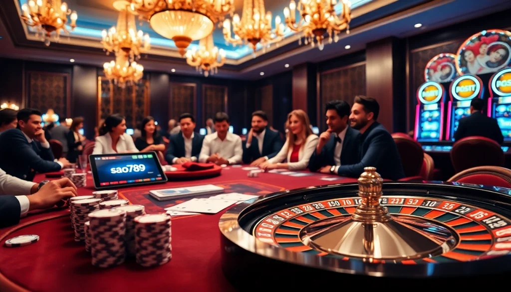 Sao789 players enjoying a thrilling casino game with poker chips and a roulette wheel.