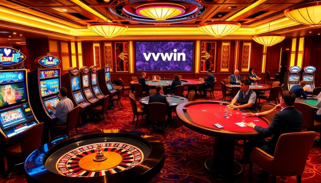 Players enjoying various games at vvvwin's vibrant casino, showcasing excitement and luxury.