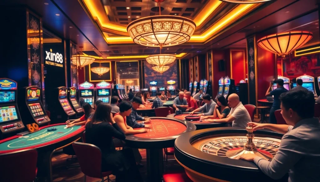 Players enjoying high-stakes gameplay at xin88's luxurious casino tables.