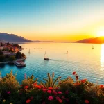 Erleben Sie einen atemberaubenden Sonnenuntergang am Gardasee, der die Schönheit des Sees und die lebendige Umgebung zeigt.