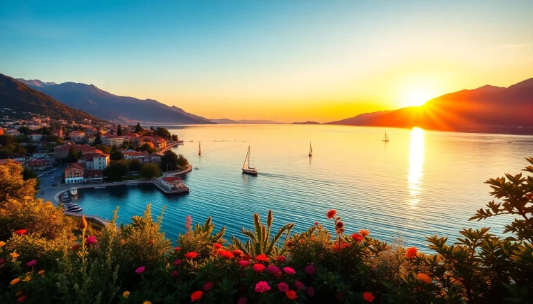 Erleben Sie einen atemberaubenden Sonnenuntergang am Gardasee, der die Schönheit des Sees und die lebendige Umgebung zeigt.