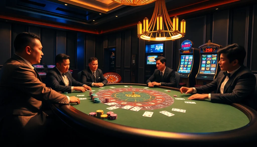 Experience the thrill of gambling with tg88-themed casino visuals featuring poker and roulette tables.