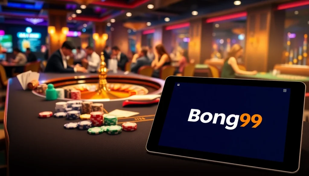 Engage with Bong99's premium gambling experience featuring vibrant tables, chips, and an online betting interface.
