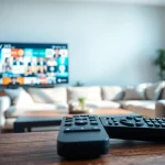 IPTV Zugang online in a modern living room with a sleek TV and cozy ambiance.