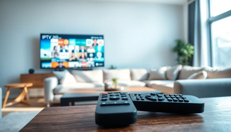 IPTV Zugang online in a modern living room with a sleek TV and cozy ambiance.