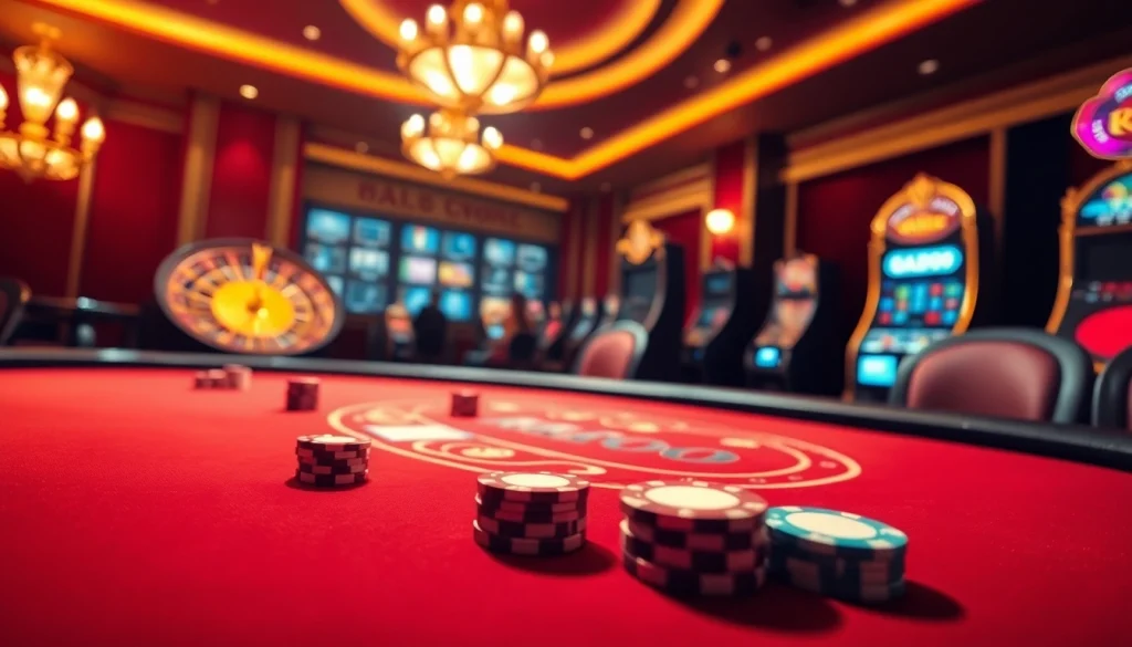MMOO casino table with poker chips and blackjack game in action highlights excitement and luxury.