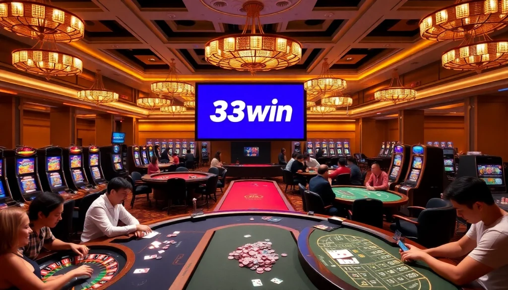 33win casino scene showcasing vibrant gaming tables and players engaged in high-stakes action.