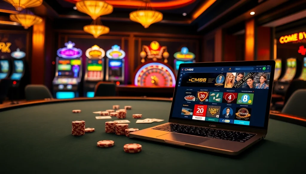 Engage in high-stakes poker at CM88's opulent casino table, featuring vibrant slot machines.