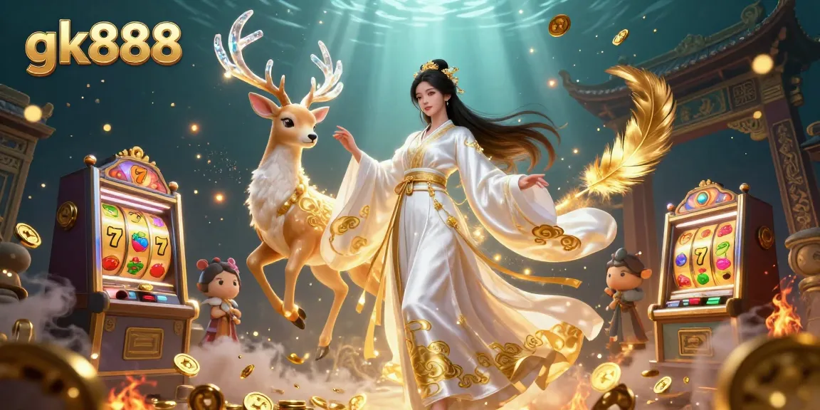 Win big with the gk888 casino experience featuring dynamic 3D illustration of slot games, winnings, and enchanting visuals.