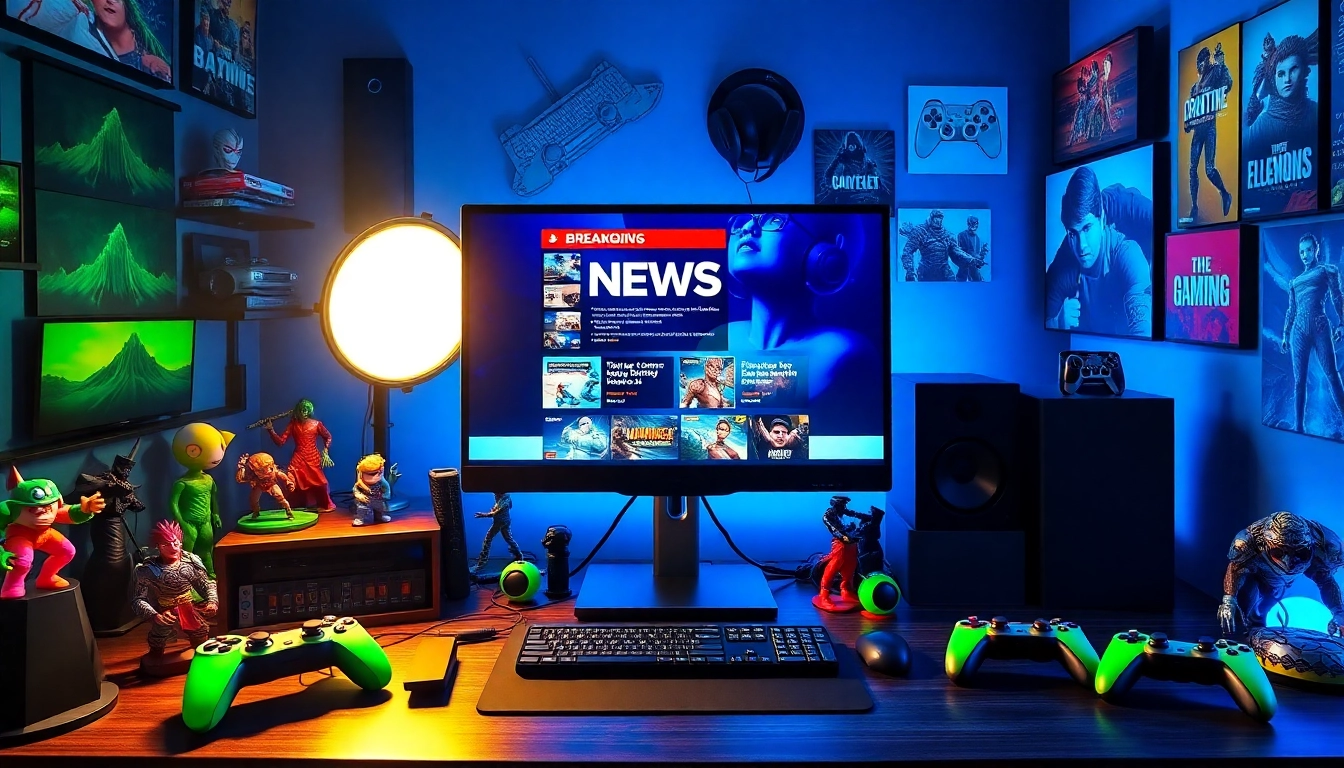 Aktuelle Games News auf einem modernen Gaming-Schreibtisch mit lebendigen Spielzeugfiguren.