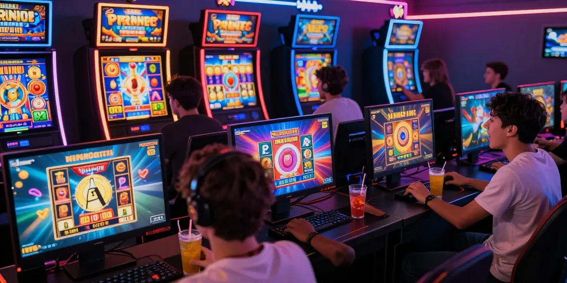 Slot gacor: Pemain slot online antusias dengan berbagai mesin slot berwarna-warni dan suasana penuh semangat.